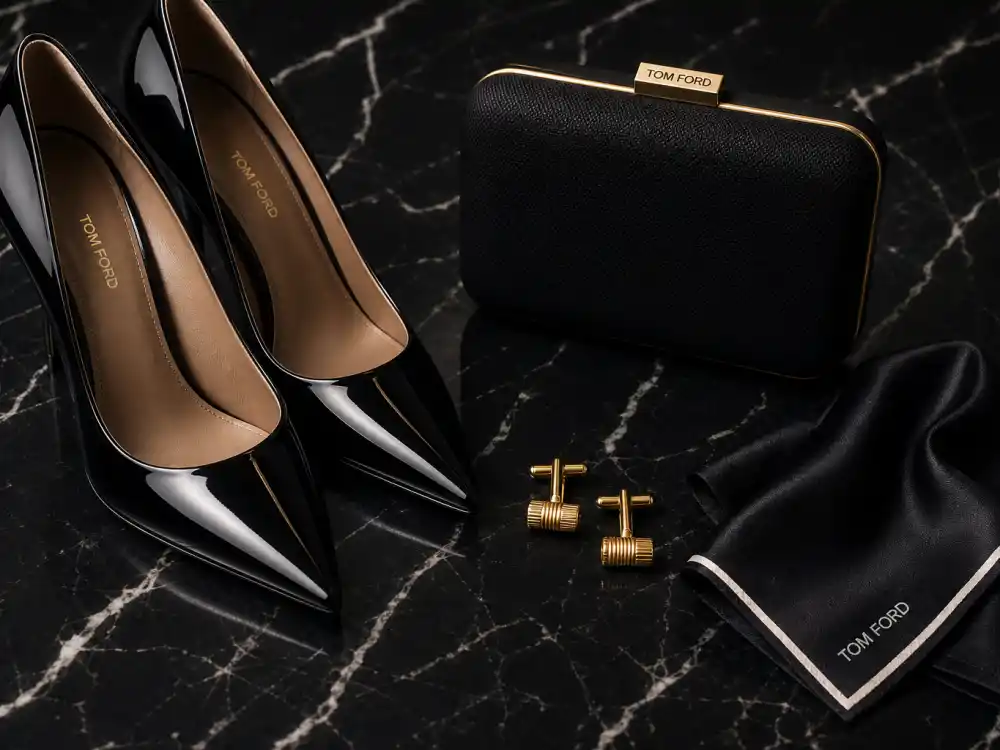 Patent heels structured clutch cufflinks and pocket square flat lay completing accessory rules Tom Ford celebrity red carpet fans track on every premiere carpet