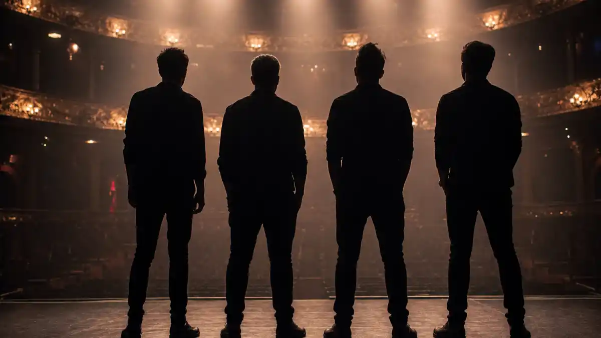 Tom Holland lookalike siblings and family — four brother silhouettes on theater stage from behind in matching outfits without identifiable faces