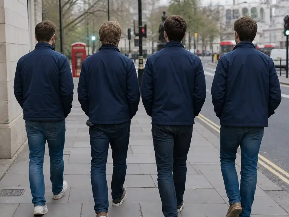 Four young men in matching navy outfits seen from behind for Tom Holland lookalike siblings and family twin and brother resemblance searches
