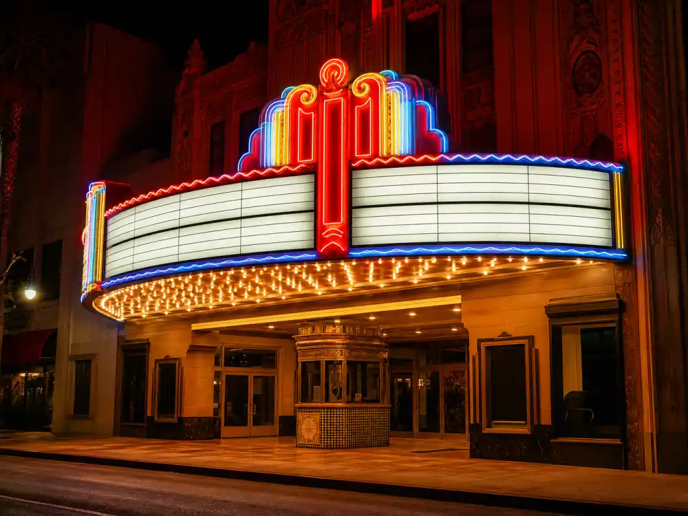 Movie theater marquee at night for what happened to Tom Shadyac 1990s comedy blockbuster box-office peak
