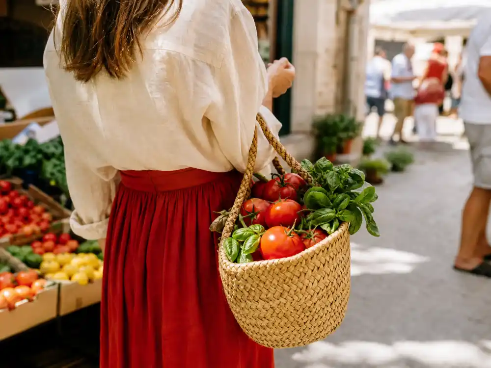 Anonymous woman from behind with woven market basket of ripe tomatoes and basil wearing cream linen shirt and tomato-red skirt for tomato girl summer celebrity outfits market lane