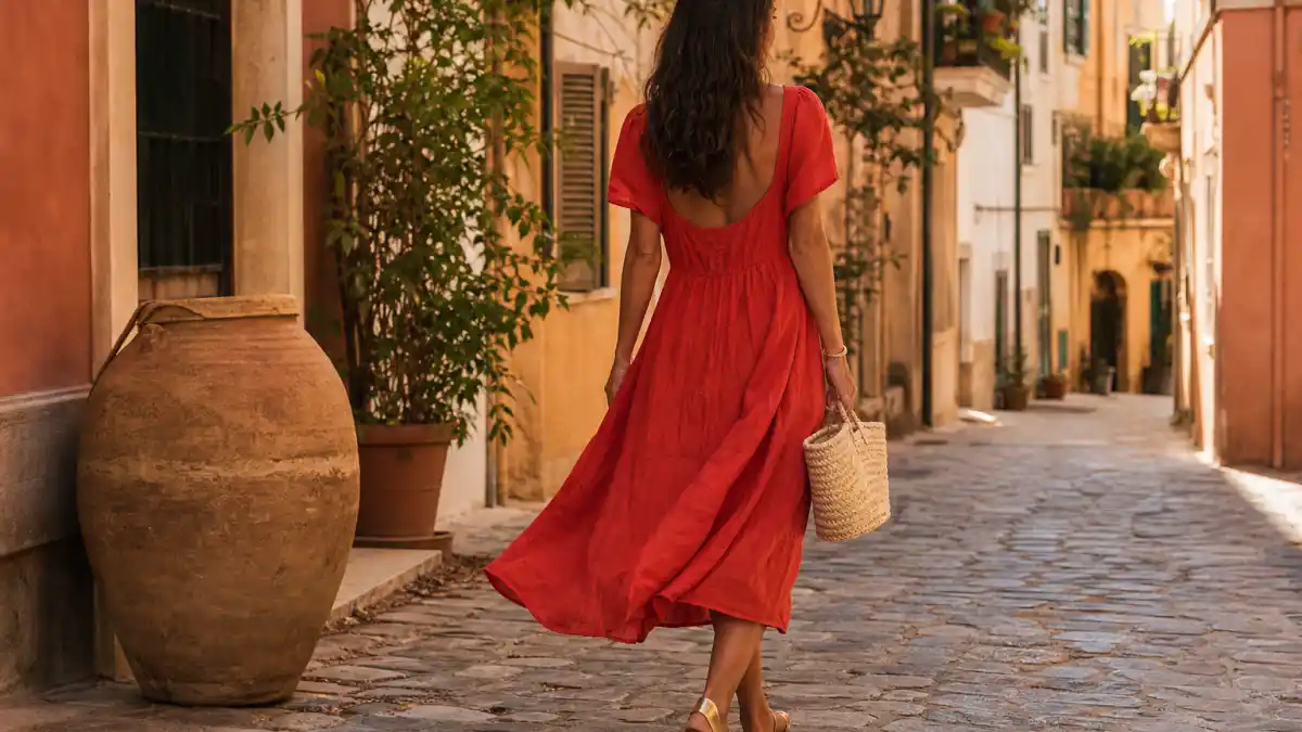 Tomato girl summer celebrity outfits — anonymous woman from behind in flowing tomato-red linen midi dress with straw tote on sun-drenched Mediterranean cobblestone street