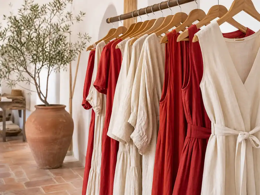 Cream and tomato-red linen dresses on wooden rack in Mediterranean boutique defining tomato girl summer celebrity outfits fabric foundation