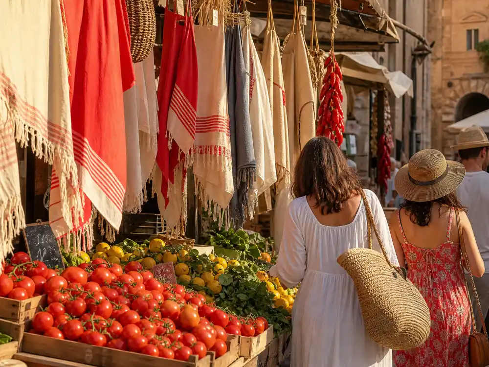 Mediterranean farmers market stall with red tomatoes citrus and linen textiles capturing lifestyle backdrop for tomato girl summer celebrity outfits off-duty rotations