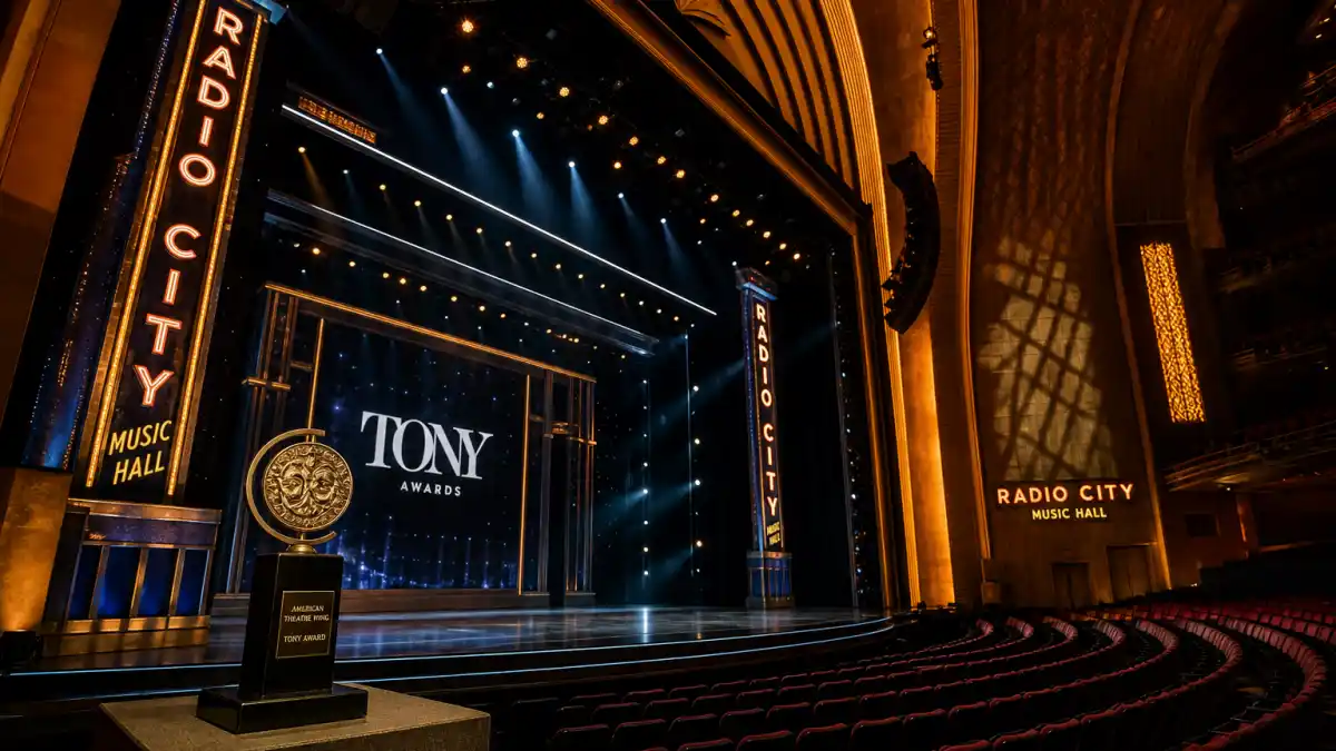 Tony Awards 2026 winners list — Radio City Music Hall New York ceremony stage with golden Tony Award trophy after June 7 CBS telecast