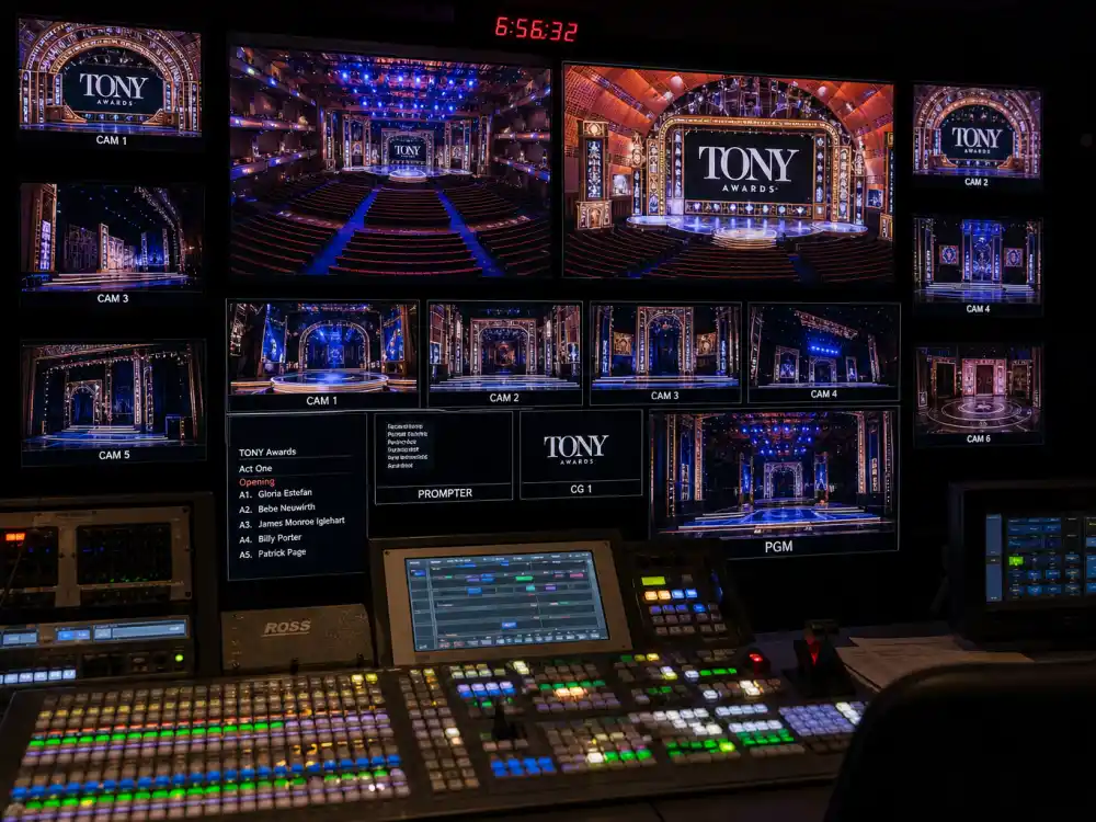 Television broadcast control room covers the Radio City stage where the Tony Awards 2026 winners list replaced nomination slots on CBS telecast night