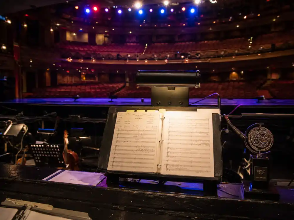 Broadway orchestra pit with musical score sheets showing Best Musical category in Tony Awards categories explained guides