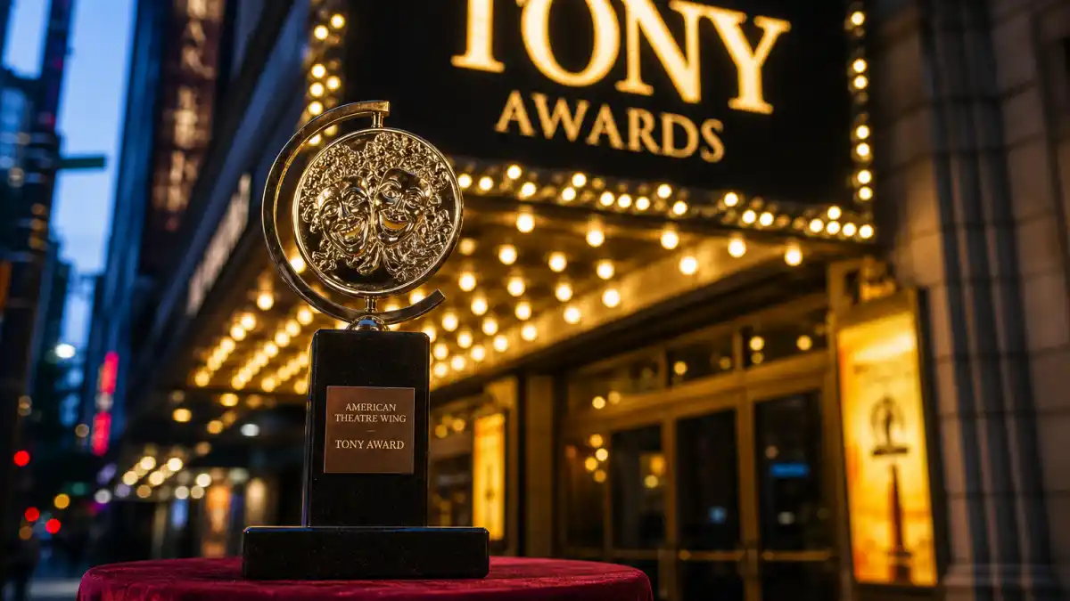Tony Awards categories explained — golden Tony Award statuette on red velvet with Broadway theatre marquee glowing at dusk
