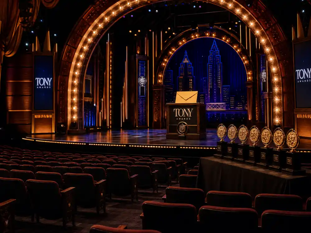 Tony Awards ceremony theatre interior with podium and envelopes when the most Tony Awards won by a show list updates each June