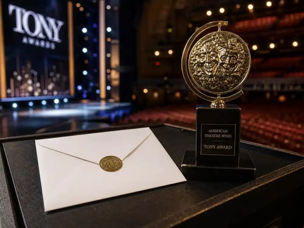 Sealed envelope on podium beside Tony Award trophy after June 7 ceremony when Tony Awards 2026 winners list went live on CBS coast-to-coast