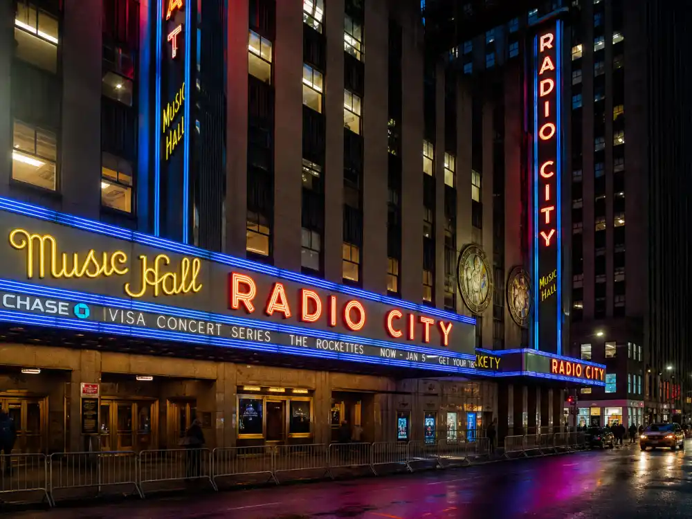 Radio City Music Hall exterior where the Tony Awards 2026 winners list was revealed on June 7 live CBS and Paramount+ telecast