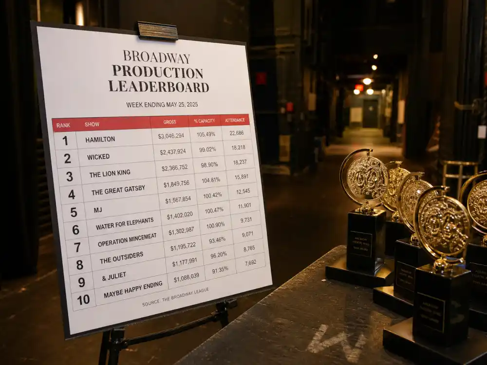 Leaderboard chart beside golden Tony trophies ranking the most Tony Awards won by a show through the 2025 ceremony