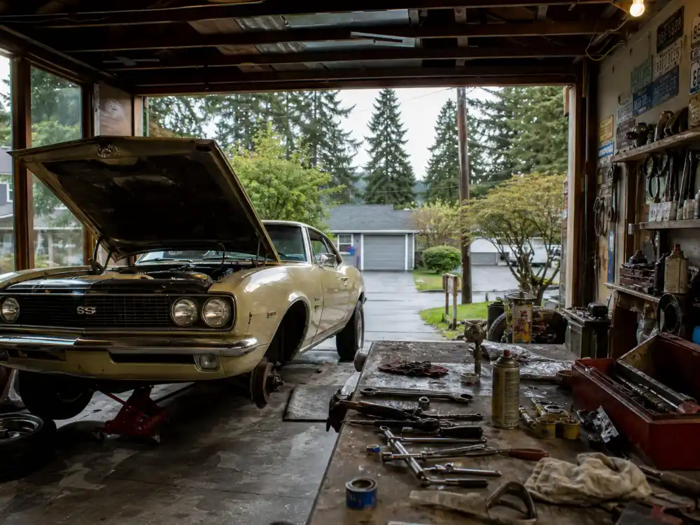 Suburban Pacific Northwest garage workshop for where is Tonya Harding now quiet life in 2026