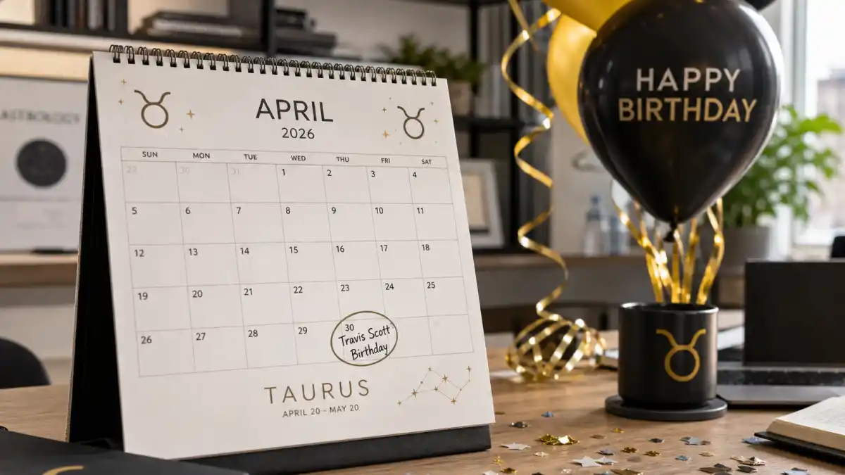 Travis Scott age and birthday 2026 — desk calendar open to April with Taurus zodiac decorations marking his verified birth date