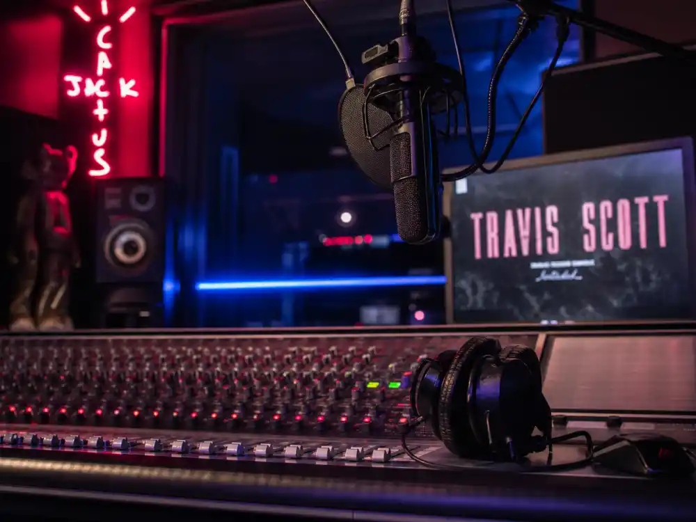 Hip-hop recording studio reflecting Travis Scott age and birthday 2026 career arc from Houston mixtapes to arena-filling albums and festival headlining
