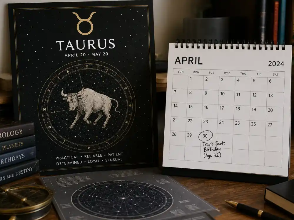 Taurus zodiac chart beside April calendar for Travis Scott age and birthday 2026 — April 30 birth date places him under Taurus in Western astrology