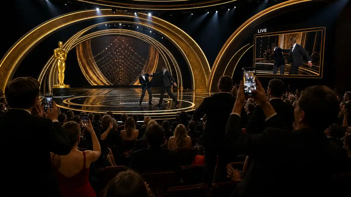 Unscripted award show moments that went viral — shocked audience silhouettes filming a live Oscar-style ceremony disruption under golden spotlights