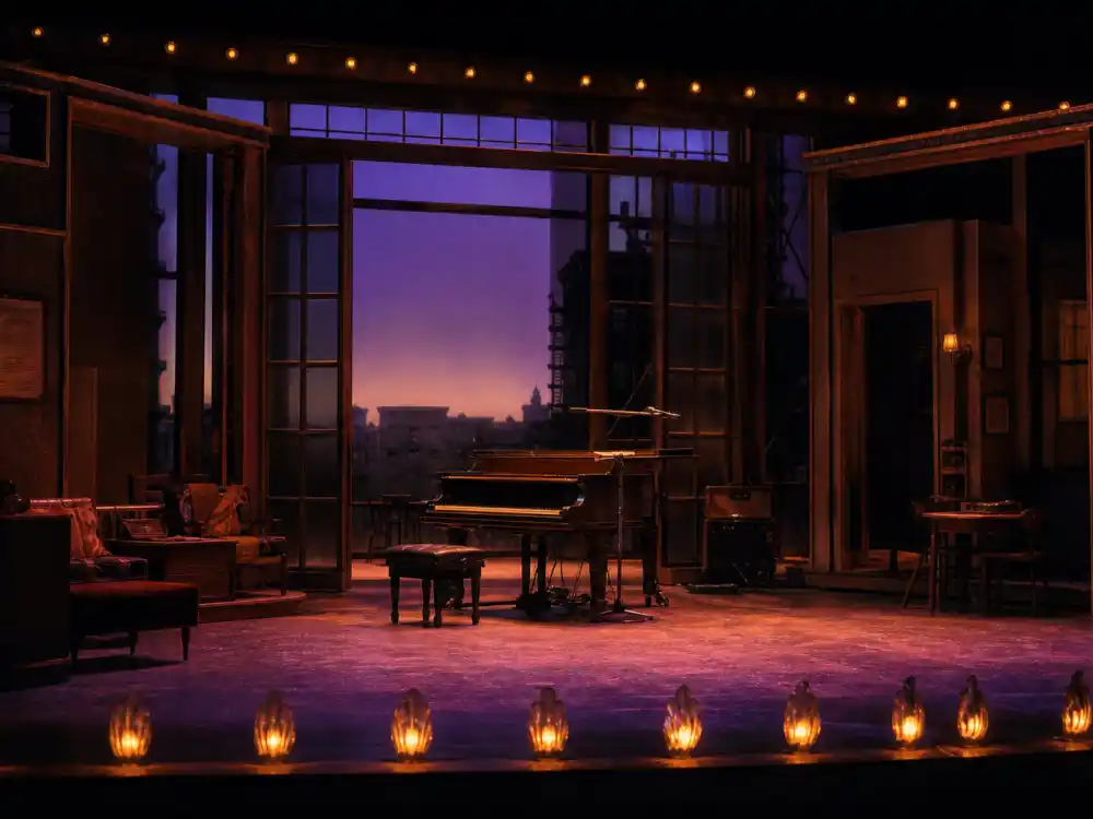 Broadway stage with vintage piano for what happened to Vanessa Carlton in Beautiful The Carole King Musical