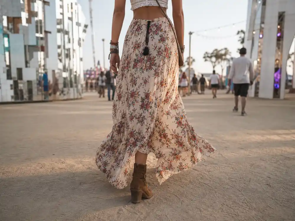 Floral maxi skirt and suede ankle boots defining Vanessa Hudgens festival street style flowing silhouette rotation
