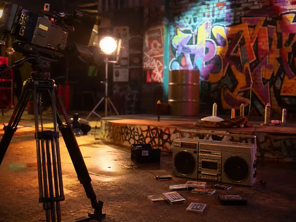 MTV-era music video set lights for what happened to Vanilla Ice during 90s rap crossover fame