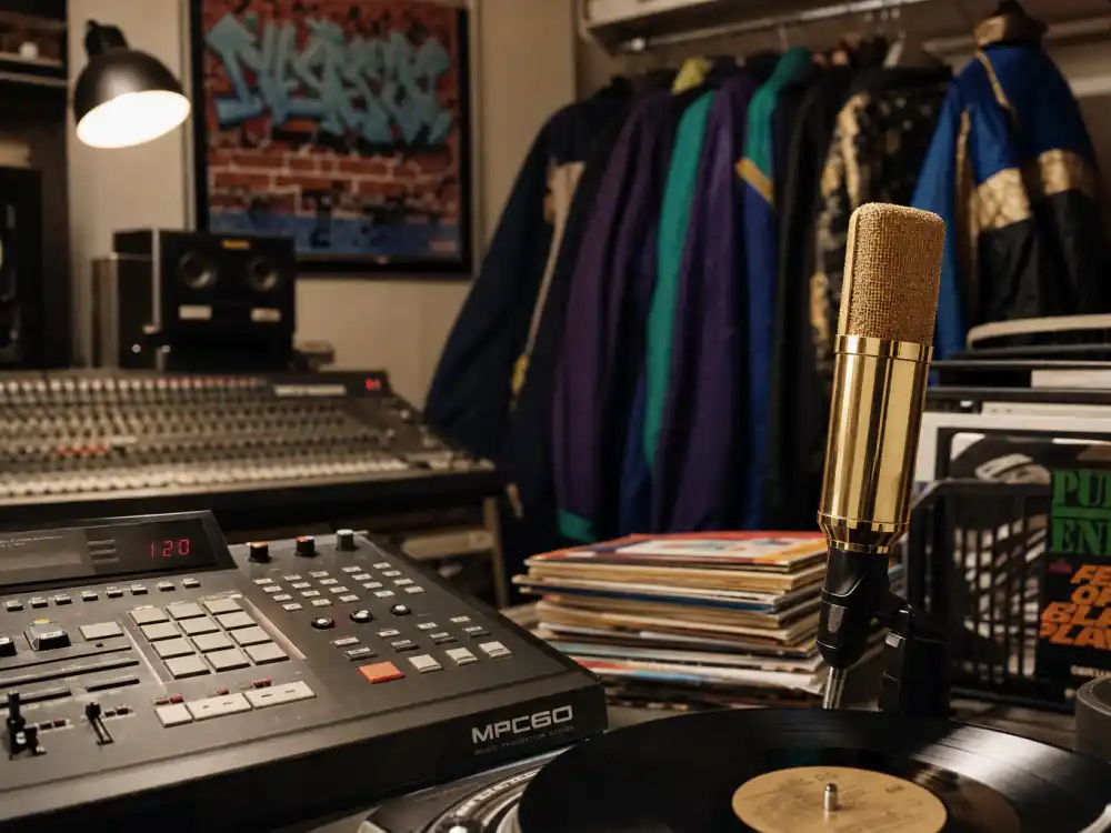 Early 1990s hip-hop studio with gold microphone for what happened to Vanilla Ice at Ice Ice Baby peak