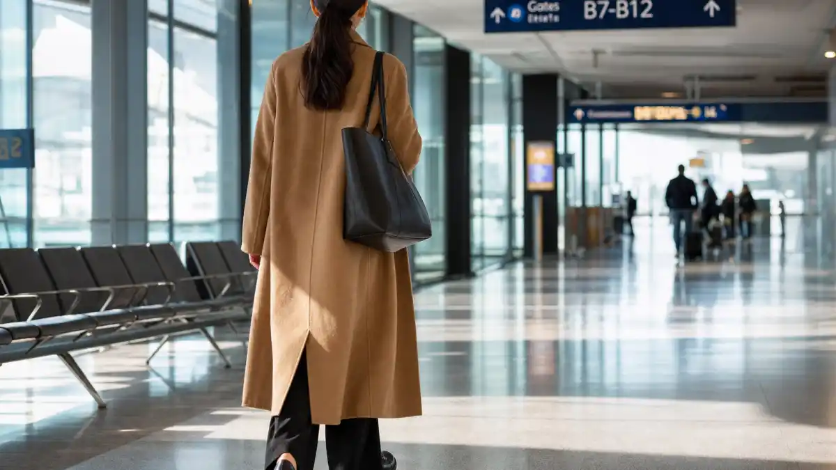 Victoria Beckham airport fashion — camel wool coat black wide-leg trousers black loafers and structured tote at airport terminal seen from behind