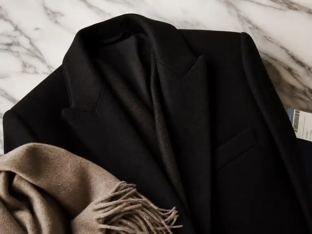 Tailored black wool overcoat flat lay central to Victoria Beckham airport fashion elevated outerwear codes