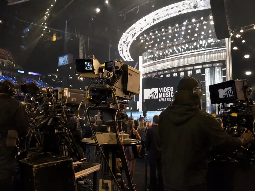 MTV and CBS broadcast cameras cover the stage where the VMAs 2026 winners full list replaces blank category slots on telecast night