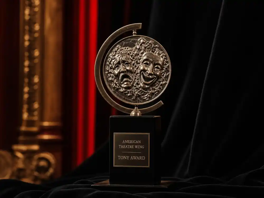 Tony Award-style theater mask trophy in bronze and silver for what are award trophies made of and worth Broadway statuette section