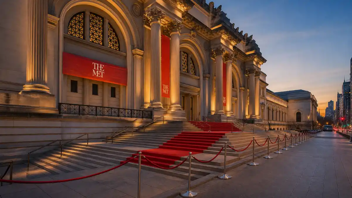 What charity does the Met Gala support — Metropolitan Museum steps with red carpet before the first Monday in May benefit