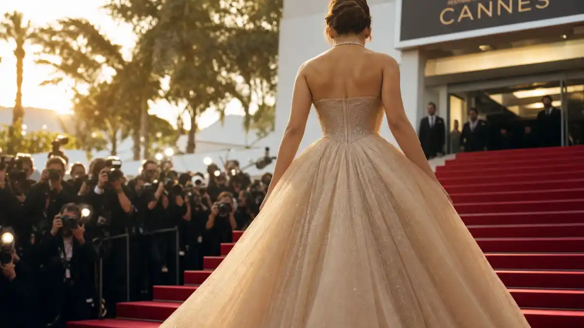 What did Anya Taylor-Joy wear to Cannes — champagne Dior haute couture ball gown on Palais des Festivals steps seen from behind with camera flashes