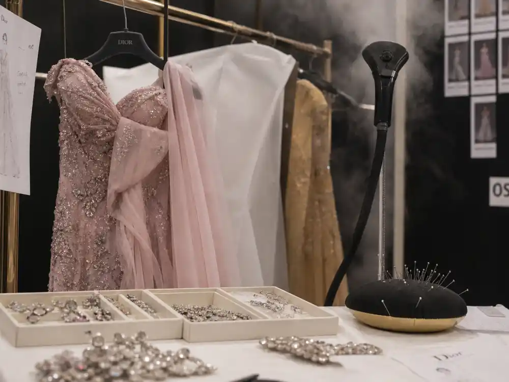 Couture fitting room details behind what did Ariana Grande wear to Oscars custom Schiaparelli construction