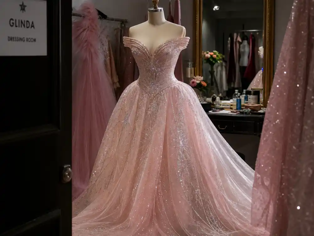 Shimmering Glinda pink column gown defining what did Ariana Grande wear to Oscars Wicked promotion night