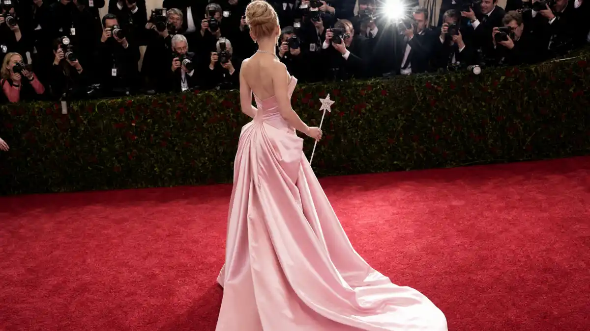 What did Ariana Grande wear to Oscars — pale pink Glinda-inspired Schiaparelli gown on the red carpet seen from behind with camera flashes