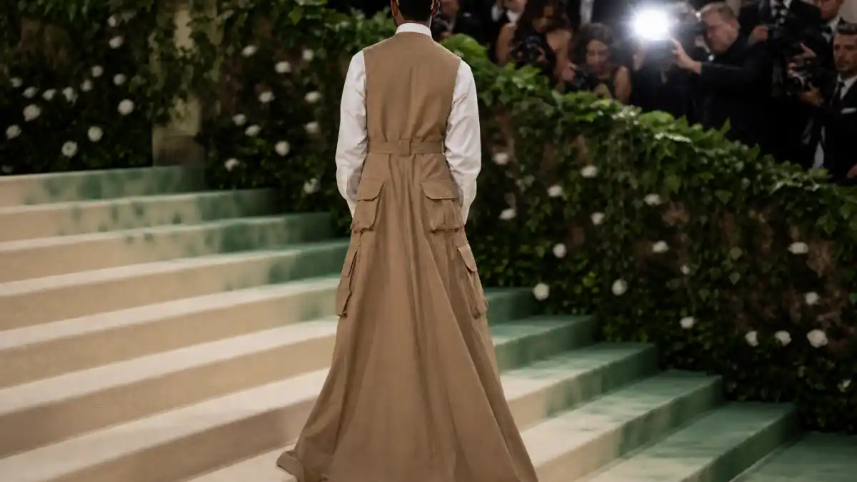 What did Bad Bunny wear to Met Gala — camel Luar cargo dress and gender-fluid custom tailoring on museum steps seen from behind with camera flashes