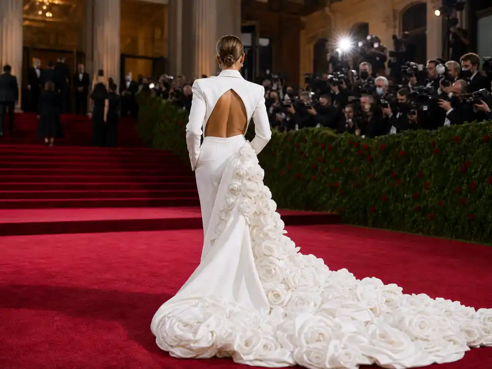 Jacquemus white open-back suit with rosette train shaping what did Bad Bunny wear to Met Gala 2023 carpet moment