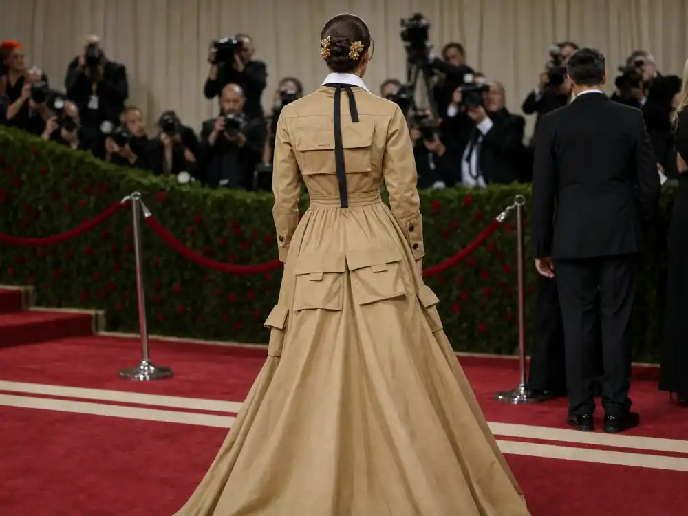 Luar camel cargo dress debut answering what did Bad Bunny wear to Met Gala first red carpet arrival in 2022