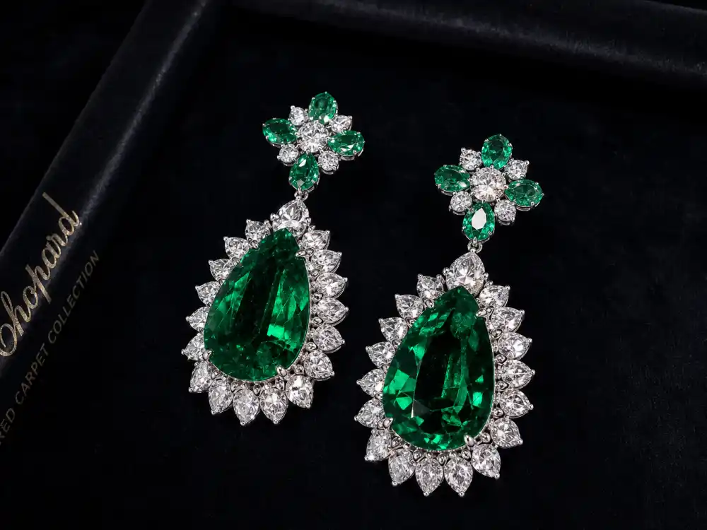 Chopard emerald and diamond earrings shaping what did Bella Hadid wear to Cannes jewelry finishing 2025