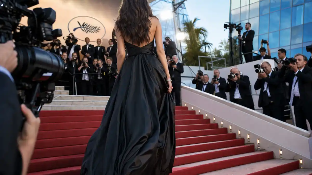 What did Bella Hadid wear to Cannes — black Saint Laurent silk gown ascending Palais des Festivals steps seen from behind with camera flashes