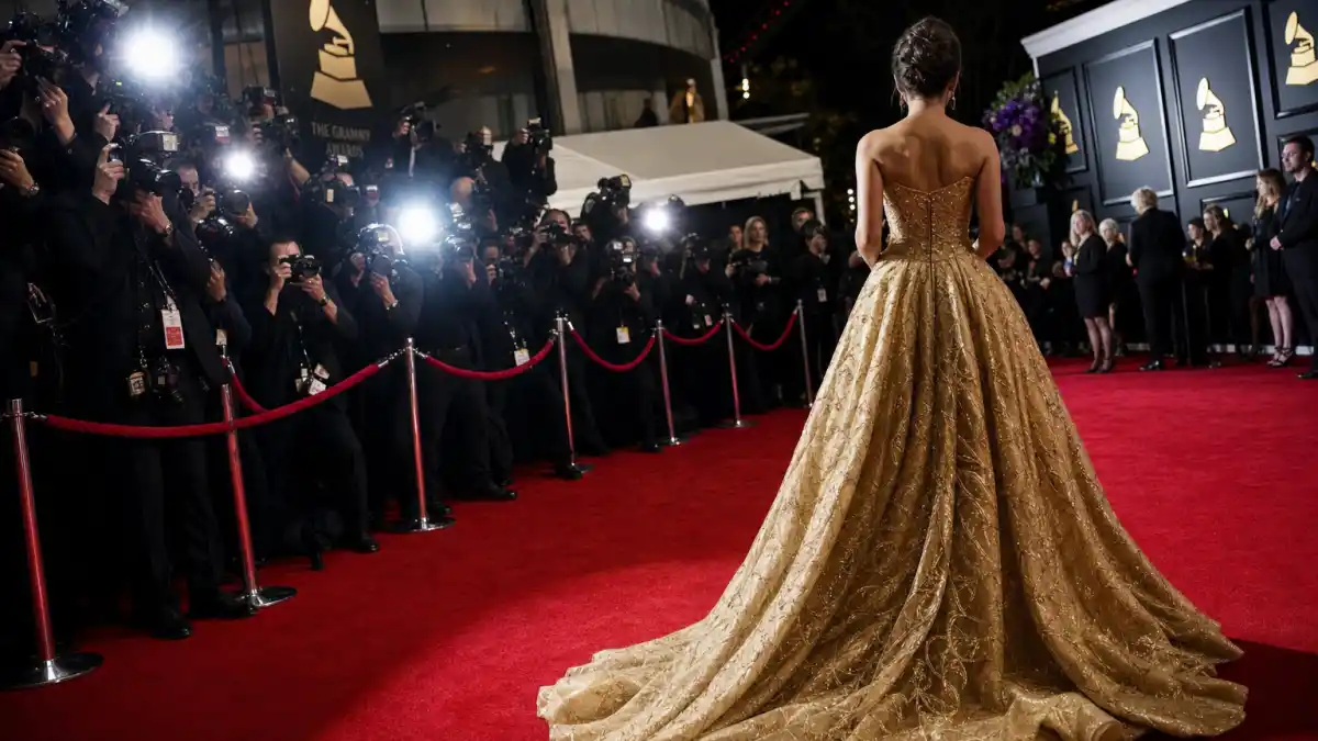 What did Beyonce wear to Grammy Awards — gold couture gown on the red carpet with camera flashes and photographers