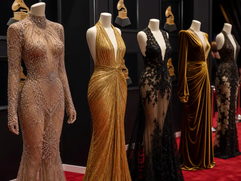 Row of sheer embellished Grammy red carpet gowns illustrating what did Beyonce wear to Grammy Awards over the years
