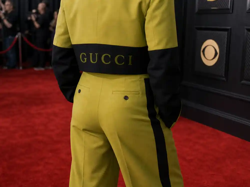 Oversized mint-green and black Gucci two-piece central to what did Billie Eilish wear to Grammys 2020 icon moment