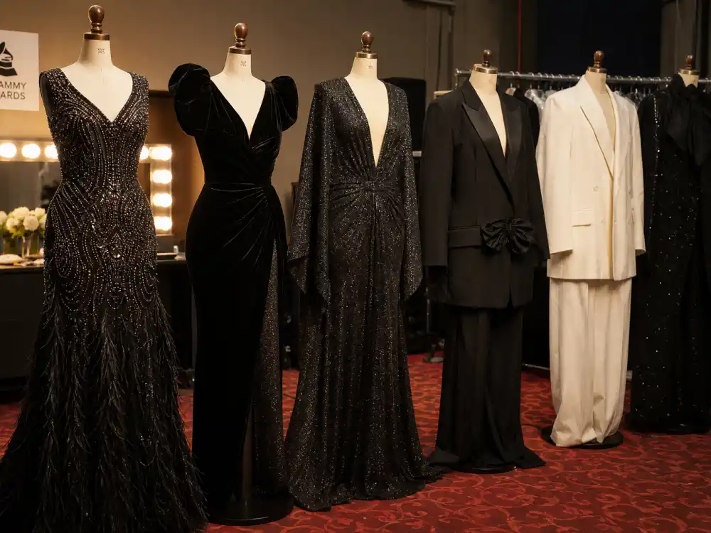 Row of Grammy red carpet gowns and oversized suits illustrating what did Billie Eilish wear to Grammys over the years