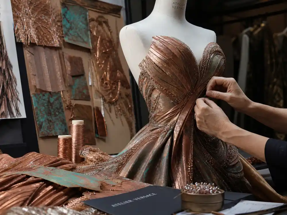 Atelier Versace craftsmanship with copper patina swatches shaping what did Blake Lively wear to Met Gala behind-the-scenes couture