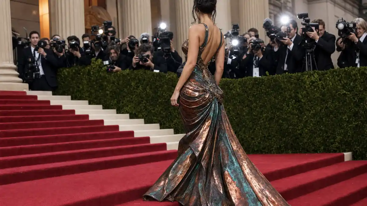What did Blake Lively wear to Met Gala — oxidized copper patina Versace Atelier gown on museum steps seen from behind with camera flashes