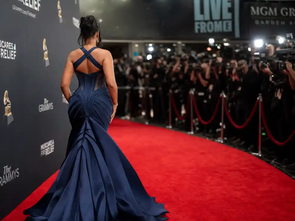 Navy Mugler criss-cross bodice gown on Grammys red carpet central to what did Cardi B wear to Grammys 2022