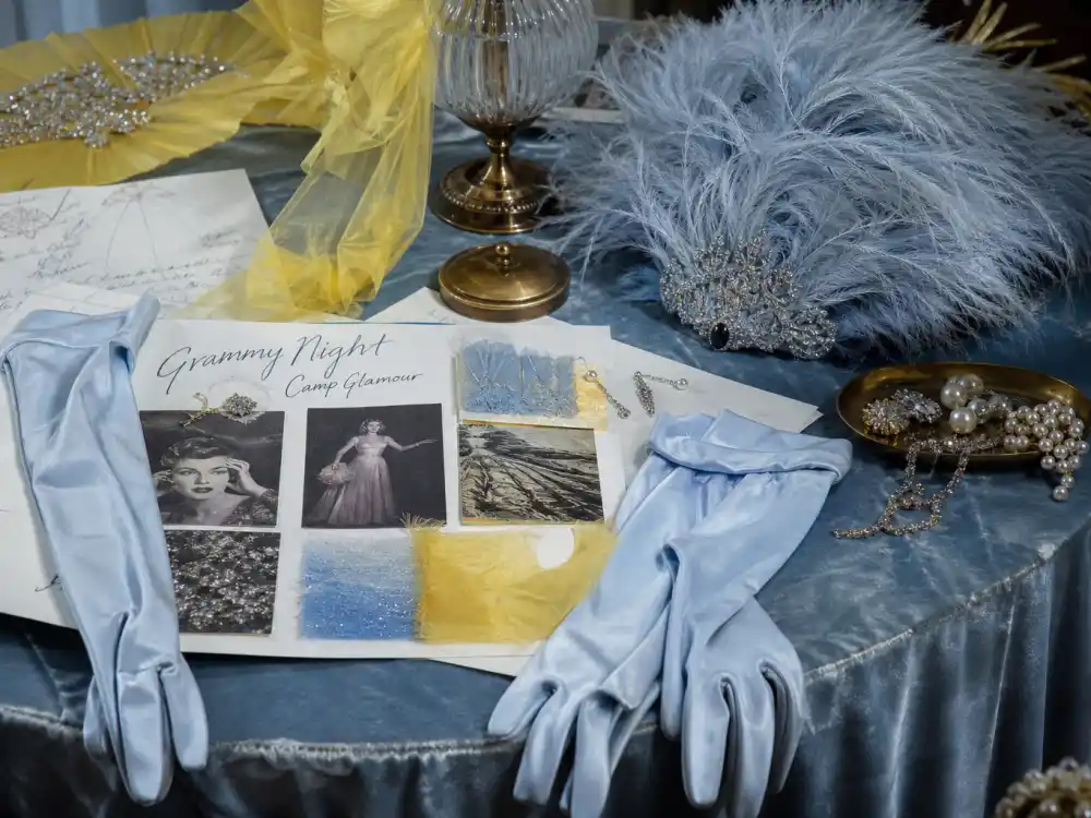 Camp glam styling board central to what did Chappell Roan wear to Grammys powder blue gloves and feather headpiece