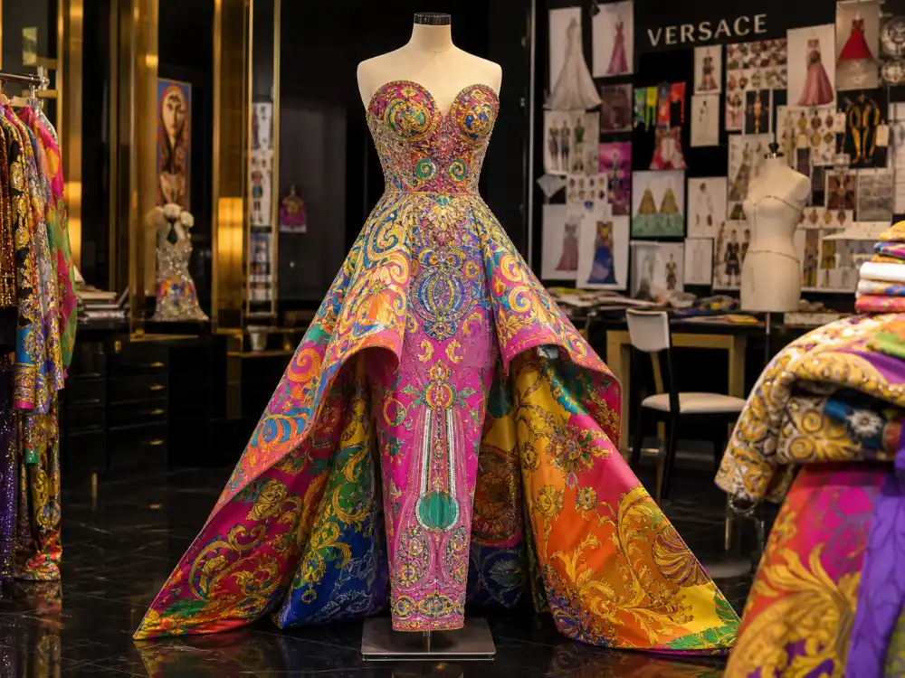 Atelier Versace psychedelic camp gown defining what did Dua Lipa wear to Met Gala 2019 debut