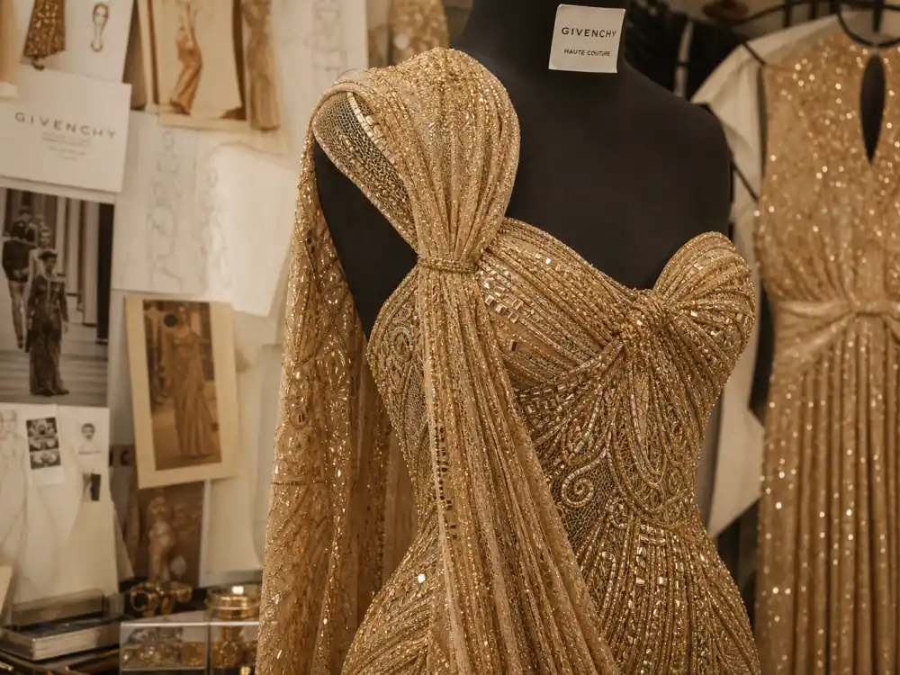 Givenchy gold beaded fringe gown defining what did Emma Stone wear to Oscars 2017 Best Actress win