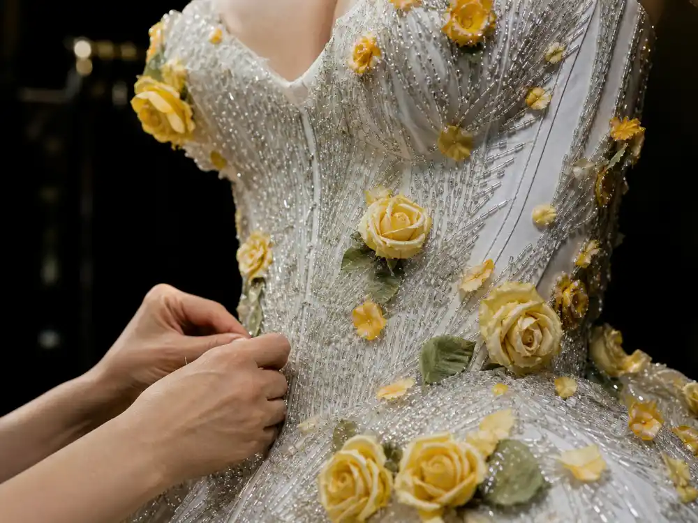 Thom Browne bugle bead embroidery and yellow rose appliques central to what did Gigi Hadid wear to Met Gala 2024 garden couture